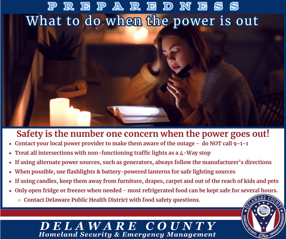 Severe winter weather can lead to power outages. Contact your local power provider, NOT 9-1-1, to report the outage.  #clickthepic for some tips so you're "not in the dark" on what to do! Visit ready.gov/power-outages for more information. Have a great week, Delaware County!