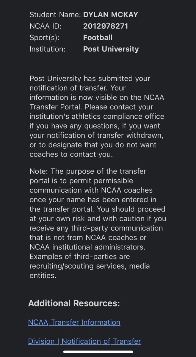 dylankmckay's tweet photo. I have officially entered the transfer portal. With 2 years of eligibility.

QB Transfer looking for a home. 4.55 40 Time @ USA Denver Regional. 5’10 185 lbs. Competed in NE 10 this fall.
3.68 GPA Immediately Eligible!

**3 years of college tape DM 📩**
Philippians 4:13 https://t.co/6wMbFTxGB8