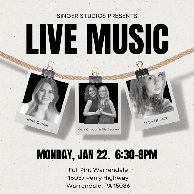 fullpintbeerpgh's tweet photo. SPECIAL ALERT: We are open today for a very special performance by some amazing new talent from Singer Studios! The performances start at 6:30pm, we will open the doors at 4pm. Stop in and check them out!

#drinkpgh #livemusicpittsburgh #pittsburghmusicscene https://t.co/OHyU0CHRG5