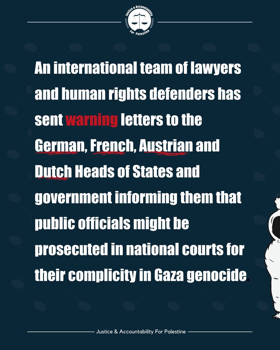 JBWienerinnen's tweet photo. The Justice and Accountability For Palestine Initiative - @elsclegal, @Law4Palestine, @rabetbypipd - issues a warning to some European government and public officials, highlighting their potential criminal liability for complicity in Israeli crimes in Gaza. #NoJusticeNoPeace https://t.co/XW8wba9Uor