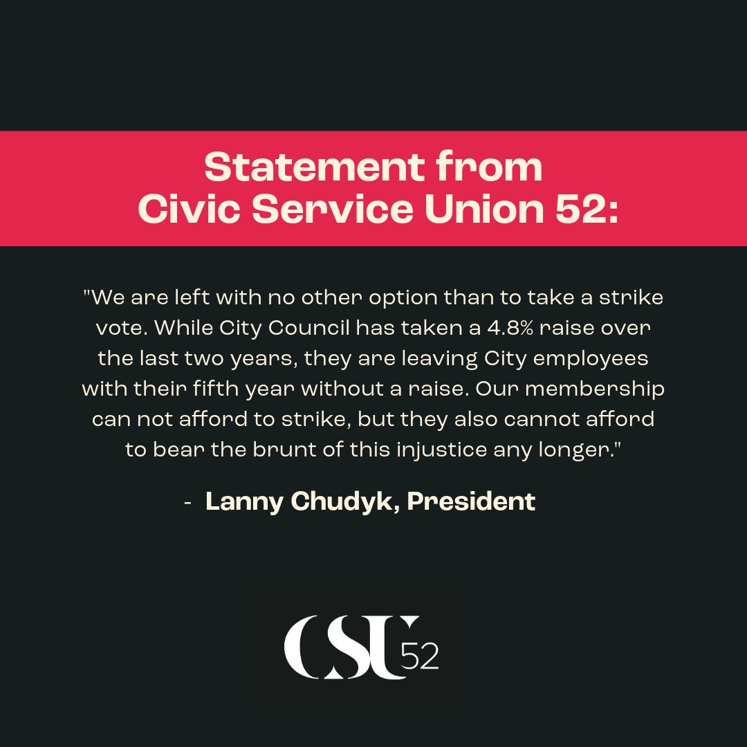 CSU52's tweet photo. In a response to the City of Edmonton and Edmonton Public Library’s lack of movement in negotiating a fair deal, Civic Service Union 52 has called their membership to emergency meetings to address the escalating situation.

CSU52’s Bargaining Committee has witnessed a lack of commitment from the City to reach a fair settlement. After enduring five years without a wage increase, CSU52 members now face the grim prospect of a city that refuses to consider their legitimate needs.

The union urges all members to attend the upcoming emergency meetings scheduled for Thursday, January 25, 2024, and Tuesday, January 30, 2024, at three different times: 11:30 AM to 1:30 PM, 3:00 PM to 4:30 PM, and 6:00 PM to 7:30 PM.

Edmonton Public Library members are invited to attend emergency meetings on January 28 at 6:30pm. Members can find meeting information on https://t.co/tDLzNlGdP5 under the calendar tab. #CSU52