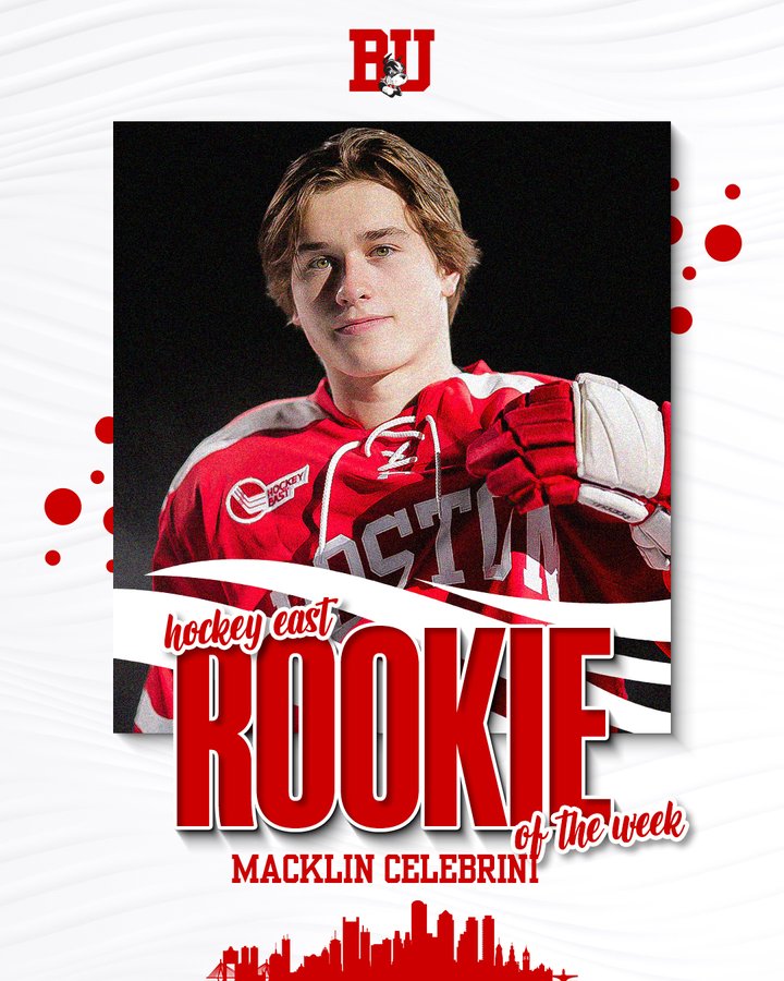 This graphic features a posed photo of Macklin Celebrini, who has been named Hockey East Rookie of the Week