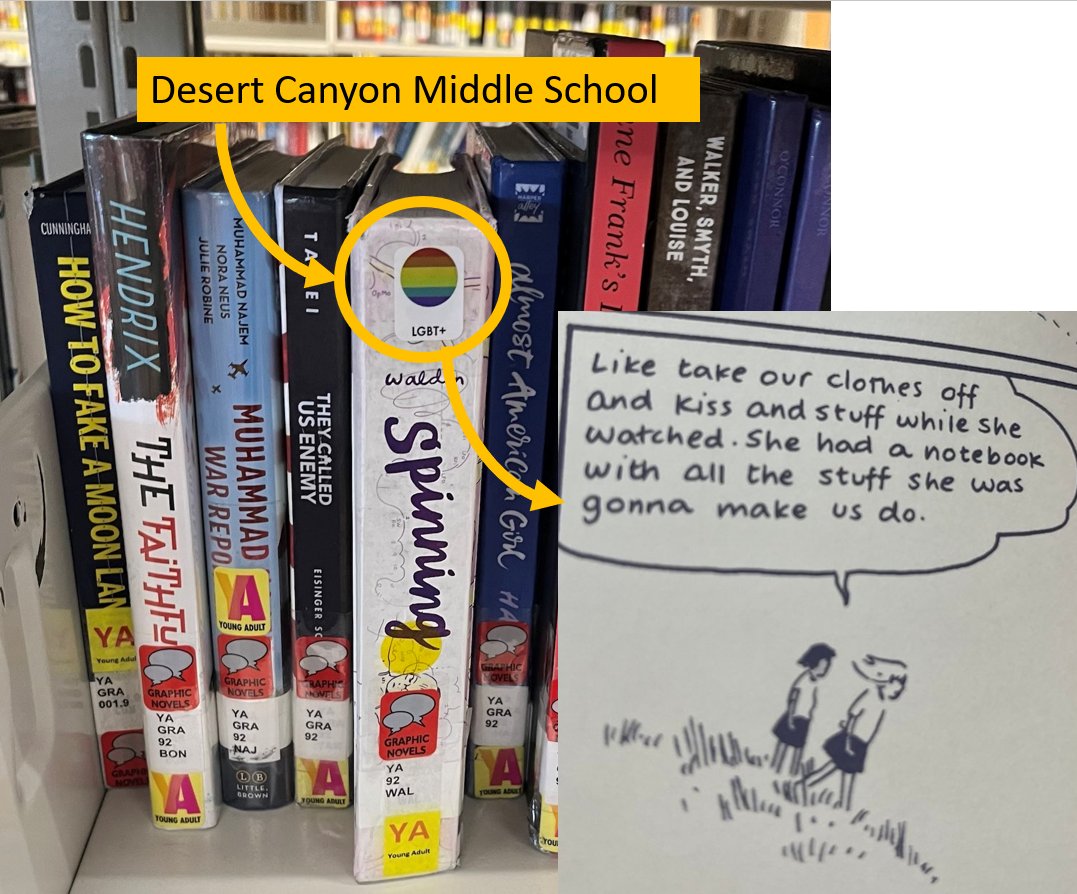 🚨Desert Canyon Middle School adds LGBTQ+ labels to book spines so that 11-year-olds can more easily find books like Spinning which contains nudity; alternate sexualities + attempted sexual assault.

Learn more on P. 25 of our library guide:
scottsdaleunites.com/library-book-g…

#BecauseKids