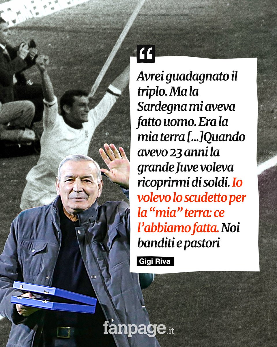 fanpage's tweet photo. Solo due colori ha avuto nel cuore: il rosso e il blu. Quelli della sua terra, della sua Sardegna. Lui che a 23 anni rifiutò di vestire la maglia della Juve, rifiutò una montagna di soldi per un sogno: portare lo scudetto nella sua terra e ci riuscì.

Oggi, a 79 anni, il mondo del calcio piange il campione, l'uomo che oggi sarà leggenda: addio Gigi Riva 💔