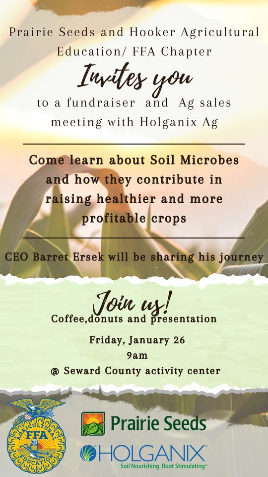<a href="/PrairieSeedsKs/">Prairie Seeds</a> and <a href="/HolganixAg/">HolganixAg</a> are putting on a presentation on the benefits of microbes the morning before <a href="/desertfarmer_up/">Desert Farmer Meet Up</a> in the breakout room. Portion of the proceeds will go to the Ag class in Hooker. We would appreciate your support. Coffee and donuts  available as well!