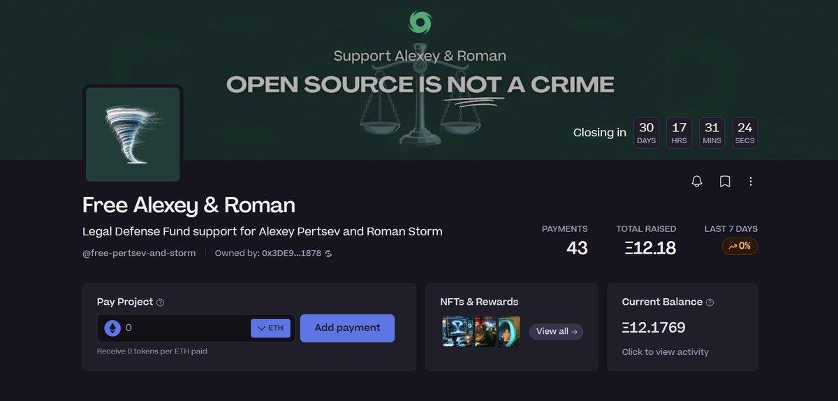 Over $28k has been raised so far on <a href="/juiceboxETH/">Juicebox Protocol | Program your project's money</a> for <a href="/alex_pertsev/">Alexey Pertsev</a> and <a href="/rstormsf/">Roman Storm 🇺🇸 🌪️</a>'s legal defense.

Their fight is our fight. Please give generously.