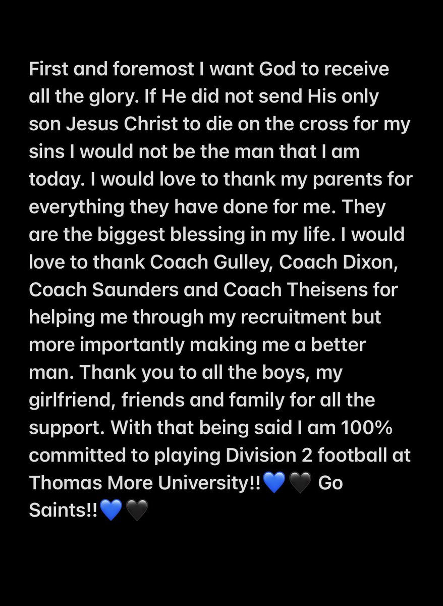 100% COMMITTED 💙🖤💙 Go Saints!! AGTG🙏🏼<a href="/CoachKyleGulley/">Coach Gulley</a> <a href="/CoachNorwell/">Chris Norwell</a> <a href="/rtheisens/">Russ Theisens</a> <a href="/mvcaathletics/">MVCA AD</a> <a href="/TMU_Football/">Thomas More Football</a> <a href="/jdixon68/">Joe Dixon</a>