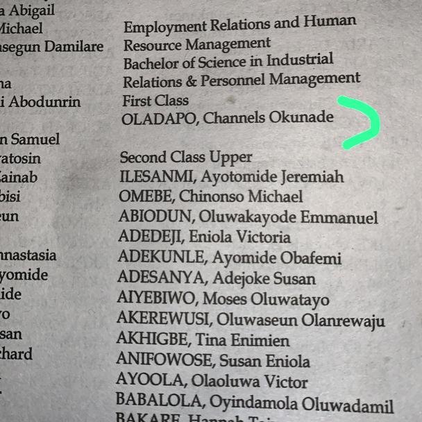 channelsCanCode's tweet image. Introducing: OLADAPO, Channels Okunade
🎓 Best Graduating Student, Dept of Employment Relations & Human Resource Mgt.
📚 CGPA: 4.82/5.0
🏆One and only First-Class Honours graduate in my set.
✨ Highest in my department 42 years of history (since 1982) as confirmed by dept office