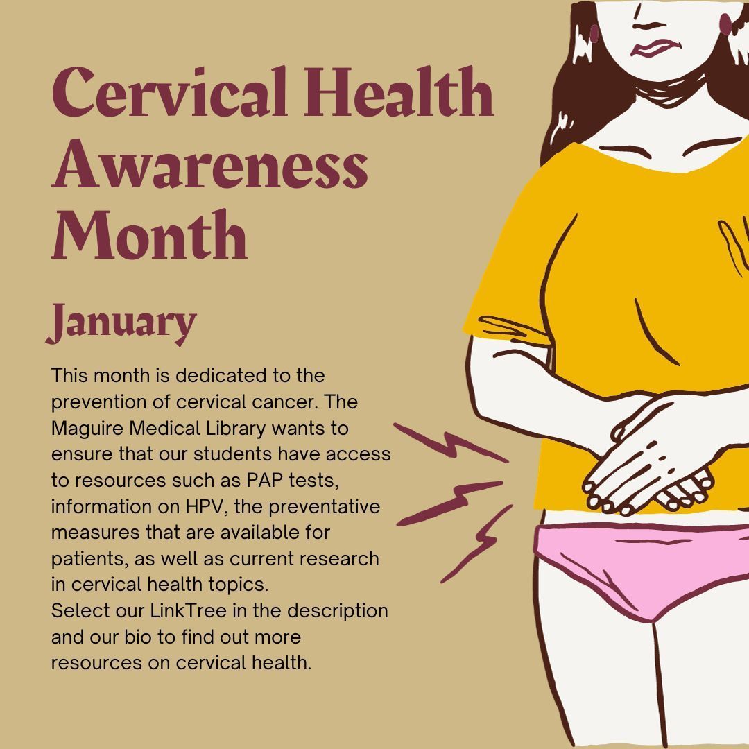 FSUMedLibrary's tweet photo. Check out the Maguire Medical Library's LinkTree: https://t.co/Yztz6mLqYi  for more info on Cervical Health Awareness Month. Stay informed and spread the word! #CervicalHealth #Awareness #MaguireMedLibrary #FSU #FSUCoM #FSUMed #MedLibraries https://t.co/OJcFWVtkeT