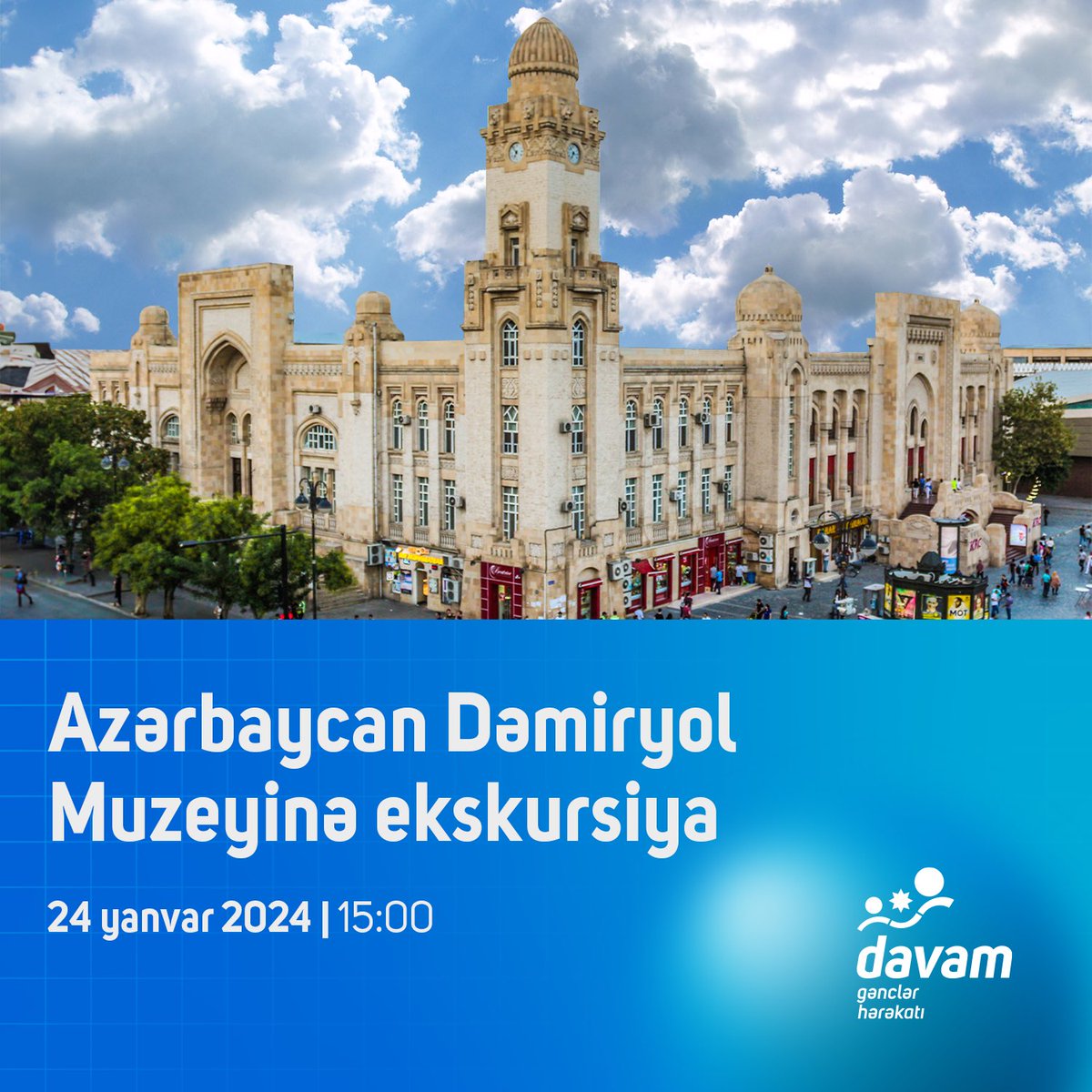 #MuzeylərimİZ’i tanıyaq! 🤩

24 yanvar tarixində “Davam” Gənclər Hərəkatı tərəfindən yenidən ziyarətçilərin üzünə açılan Azərbaycan Dəmiryol Muzeyinə ekskursiya təşkil olunacaq. 🏛

🔗 İştirak üçün qeydiyyatdan keçin: bit.ly/dəmiryolmuzeyi 

#davam2024
#davamgenclerherekati