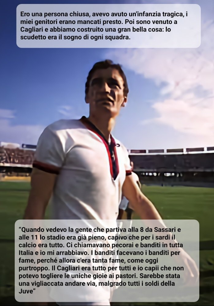 Rombo di Tuono, certo.
Ma per chi ama il calcio era -e sarà sempre- GIGGIRRIVA
(rigorosamente tutto attaccato).
L' unico a sprigionare antichi valori. Quelli veri.
Ciao leggenda...

Gigi Riva gioca un calcio in poesia, 
egli è un «poeta realista》
(Pier Paolo Pasolini)