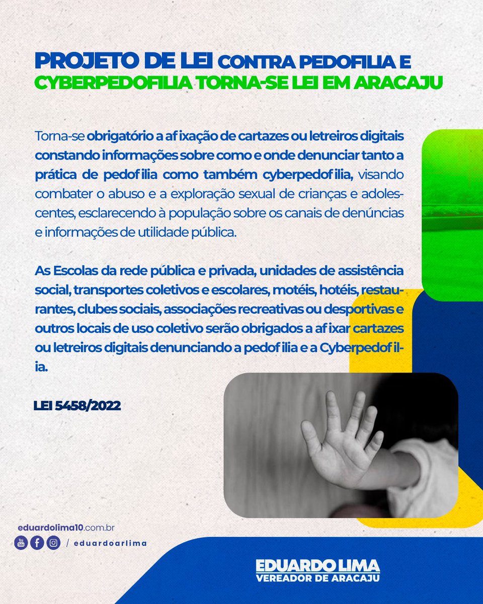 eduardoarlima's tweet photo. Uma grande vitória 🏆 Mais um projeto de lei de EXTREMA IMPORTÂNCIA sancionado.

A prefeitura através do prefeito @EdvaldoNogueira ,sancionou a lei 5458/2022 de nossa autoria, que determina a afixação de cartazes contra a prática de pedofilia e cyberpedofilia em nossa cidade. https://t.co/q8MkQz14X0