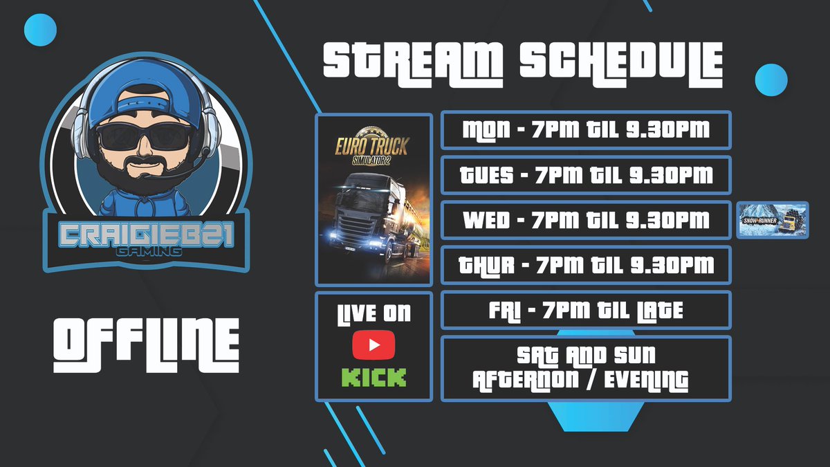Here is this weeks schedule. Starting with ETS2 and TMP.. live links in bio

#schedule #livestream #youtube #kickstreaming #ets2 #truckersmp #snowrunner