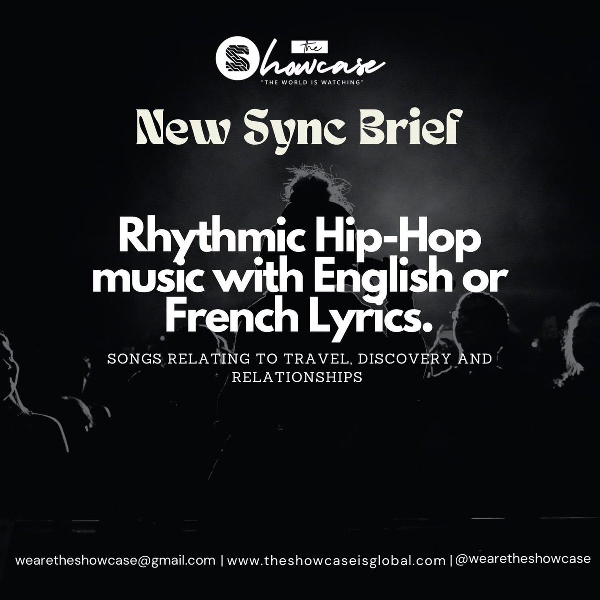 #NewSyncBrief 

Sync Brief: Rhythmic Hip-Hop music with English or French lyrics 

We seek a sync track that relates to travel, discovery and relationships. 
Send us a message for video reference. 

We look forward to your compositions. 
#syncbrief #sync #syncplacement