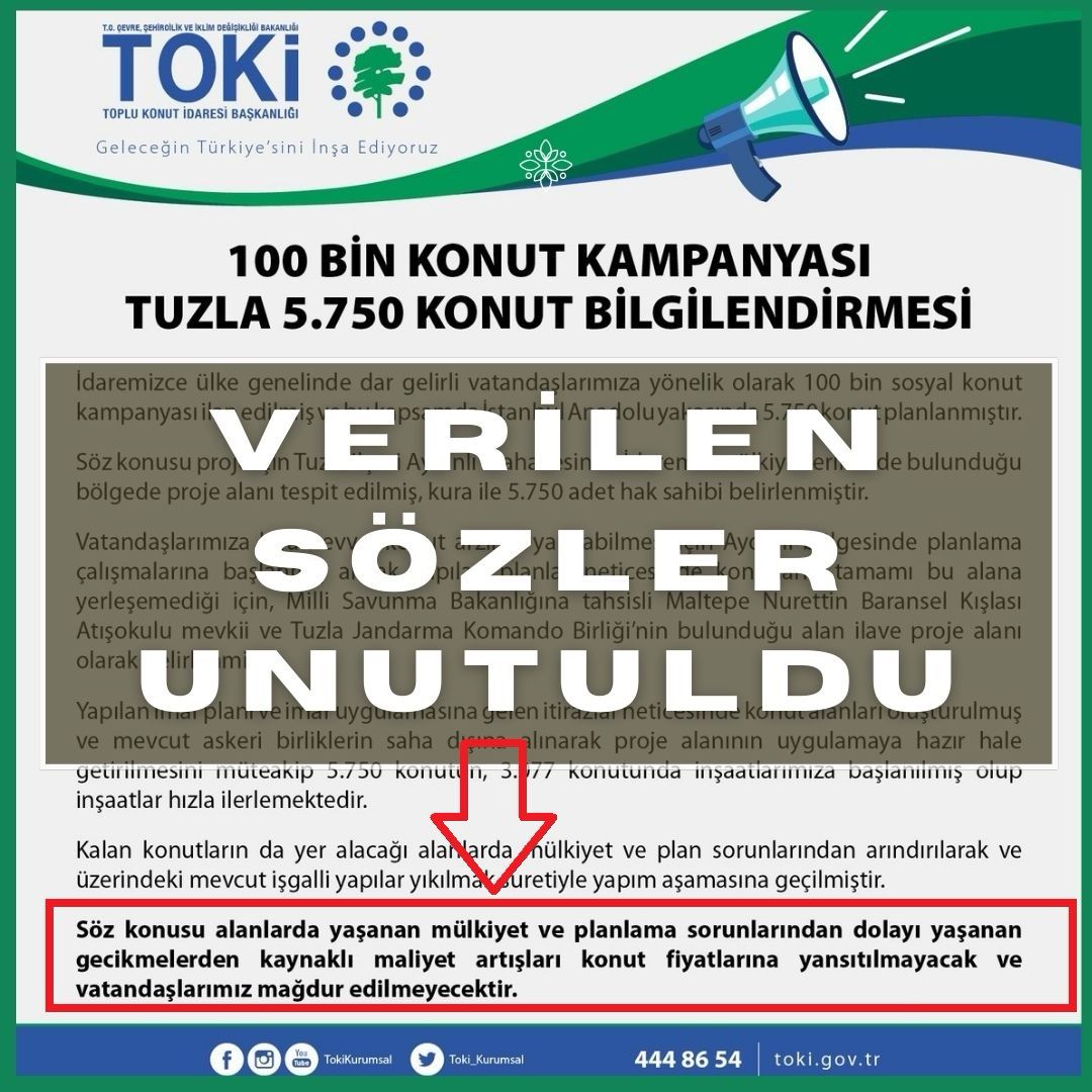 Alanlarda gezerken verdiğiniz sözler gibi bu paylaşimdaki sözler de tutulacak mı 
<a href="/Toki_Kurumsal/">TOKİ</a> <a href="/csbgovtr/">T.C. Çevre, Şehircilik ve İklim Dğş. Bakanlığı</a> <a href="/mehmetozhaseki/">Mehmet Özhaseki</a> <a href="/Ayhan19Karaca/">Ayhan Karaca</a> <a href="/osmannnurika/">Osman Nuri Kabaktepe</a> <a href="/Akparti/">AK Parti</a> <a href="/murat_kurum/">Murat KURUM</a> 
#SözNamustur