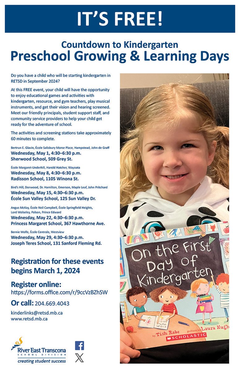 Do you have a child who will be starting kindergarten in RETSD in September 2024? Don't miss out on our Preschool Growing &amp; Learning Days, a FREE introduction to the adventure of school. For a screen-reader-accessible PDF, visit: bit.ly/48sJ8ZF