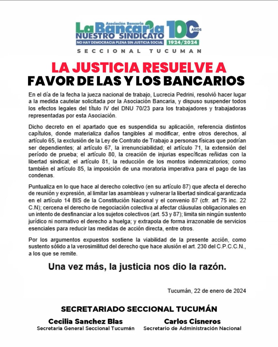 LA JUSTICIA RESUELVE A FAVOR DE LAS Y LOS BANCARIOS