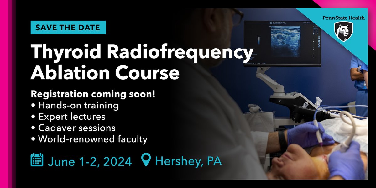 PSH_OTO's tweet image. Save the date! 🗓️ Thyroid Radiofrequency Ablation Course on June 1-2, 2024 at @PennStHershey. This two-day course is an excellent opportunity to learn about the application of #RFA in the management of #thyroid nodules. More details and registration instructions to follow.
