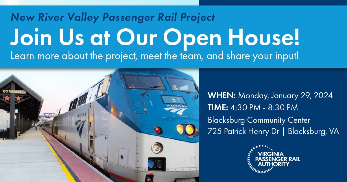 vapassengerrail's tweet photo. Help the Virginia Passenger Rail Authority bring back passenger rail to the New River Valley (NRV). Share your priorities and help us plan the future of the NRV! Plan to attend the Open House on January 29 from 4:30 - 8:30 p.m. at the Blacksburg Community Center. #VPRA #NRV https://t.co/2CSr7Bvxpe