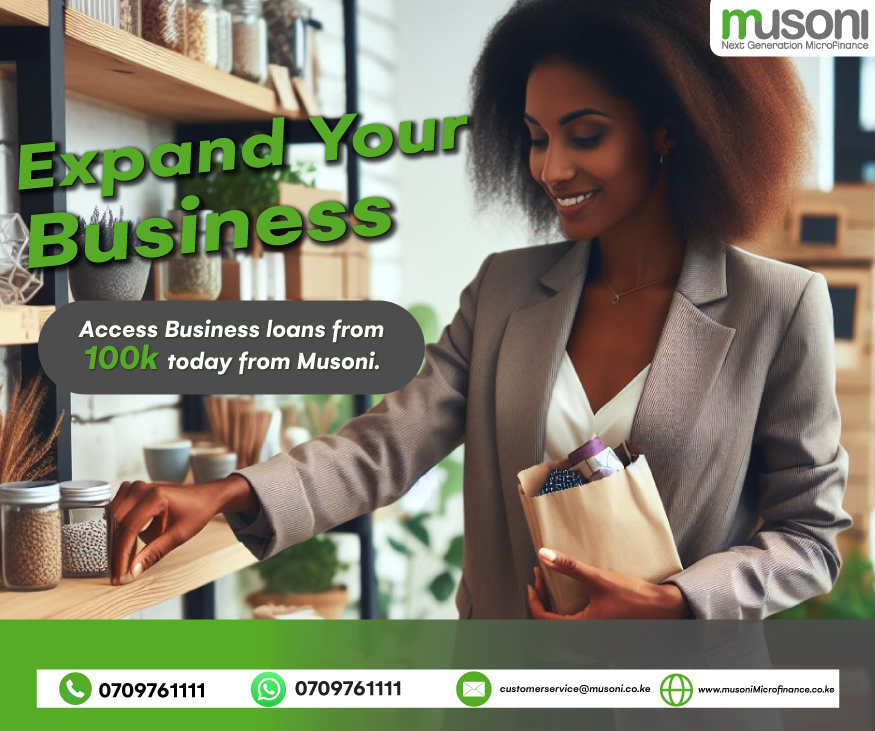 Ready to elevate your business? We offer business loans from 100k, designed to fuel your success.

Apply today &amp; Transform your #businessgoals Call or Whatsapp us at 0709761111 today!

#ElevateWithMusoni #BusinessSuccess