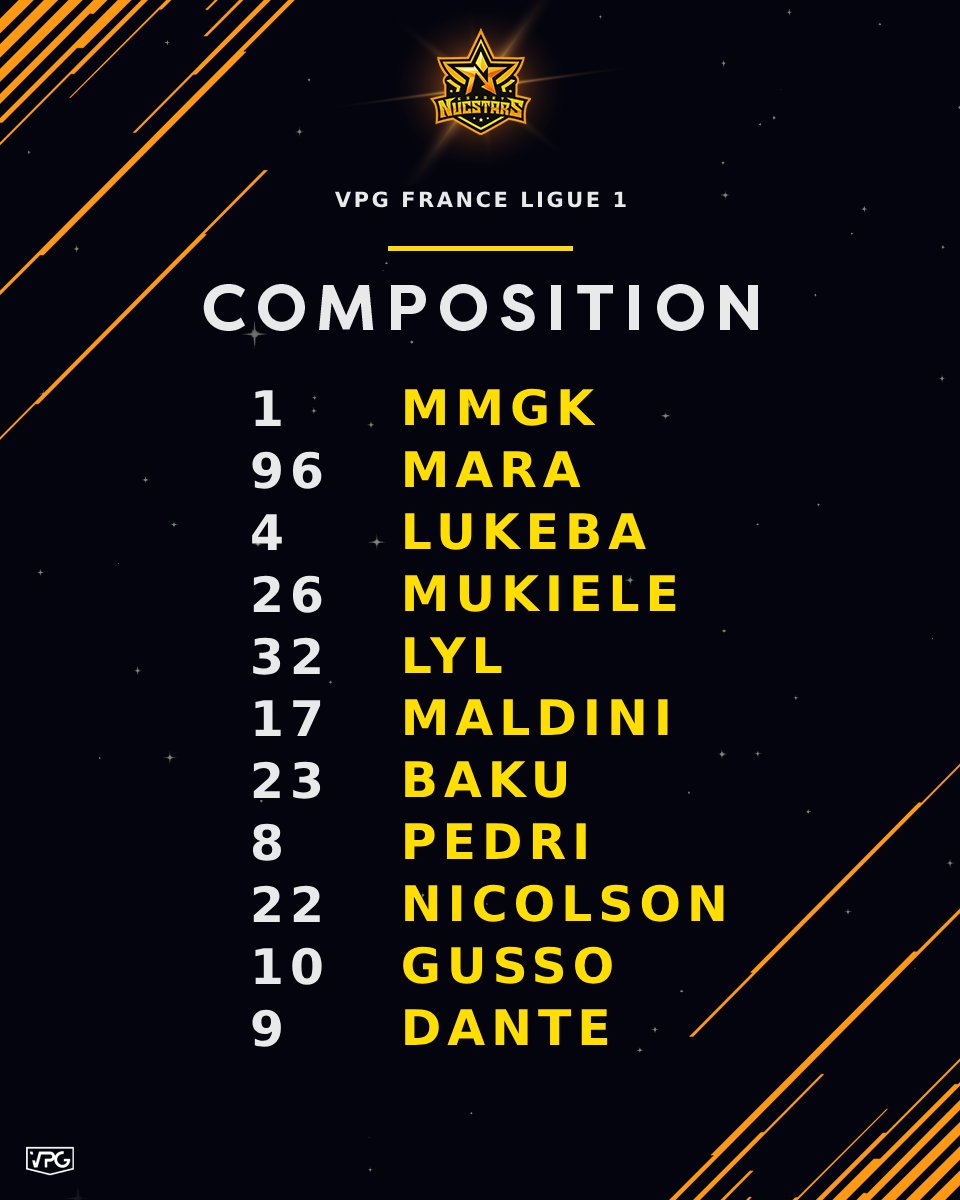⚡️COMPOSITION⚡️

Premier match à 21h20⌚️

⚫️🟡#NucStars  ⚪️🔵#FrenchTouch