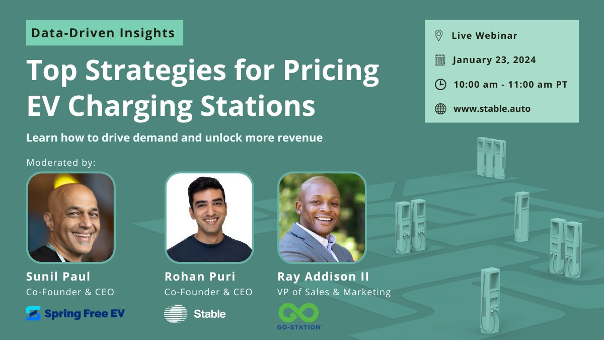 Stable Auto (@stable_auto) on Twitter photo Join us Jan. 23 to learn how to price #EVCharging stations and boost revenue by 40%. Hear from industry leaders <a href="/SunilPaul/">Sunil Paul</a> at <a href="/SpringFreeEV/">Spring Free EV</a>, <a href="/RohanSPuri/">Rohan Puri</a> at <a href="/Stable_Auto/">Stable Auto</a>, and Ray Addison at <a href="/GoStationPower/">Go-Station</a> as they reveal proven #EVCharger pricing strategies bit.ly/47pPKH2 Join us Jan. 23 to learn how to price #EVCharging stations and boost revenue by 40%. Hear from industry leaders <a href="/SunilPaul/">Sunil Paul</a> at <a href="/SpringFreeEV/">Spring Free EV</a>, <a href="/RohanSPuri/">Rohan Puri</a> at <a href="/Stable_Auto/">Stable Auto</a>, and Ray Addison at <a href="/GoStationPower/">Go-Station</a> as they reveal proven #EVCharger pricing strategies bit.ly/47pPKH2