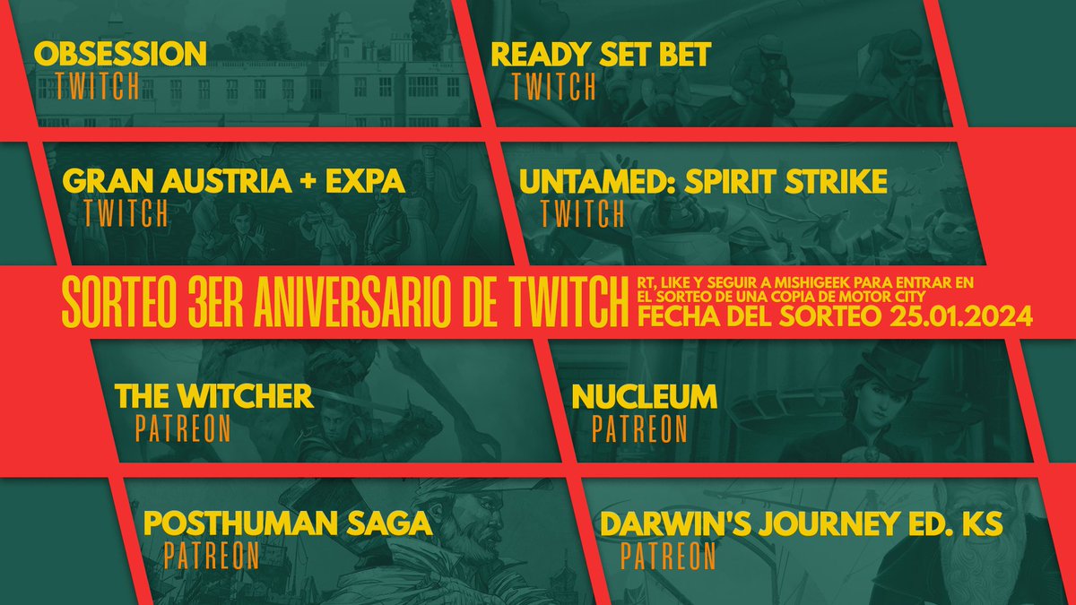 EL JUEVES HACEMOS EL SORTEO DEL 3ER ANIVERSARIO EN <a href="/TwitchES/">Twitch ES</a>! Premios para Patreon y subs, pero también voy a sortear una copia de Motor City entre mis seguidor@s de X que hagan RT y comenten mencionando a alguien. #SORTEO en directo el jueves 25 de Enero.
twitch.tv/mishigeek