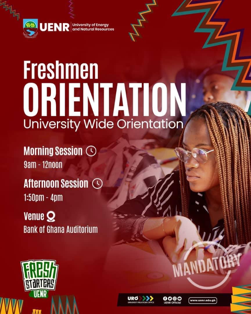 UenrFilla's tweet photo. Countdown to an epic start at UENR!.Join us tomorrow at 9am at the Bank of Ghana Auditorium for an unforgettable orientation! Let’s make memories together!
.
.
#Uenr #uenrishome #UenrFreshers #uenrfilla https://t.co/T65FBKuafZ