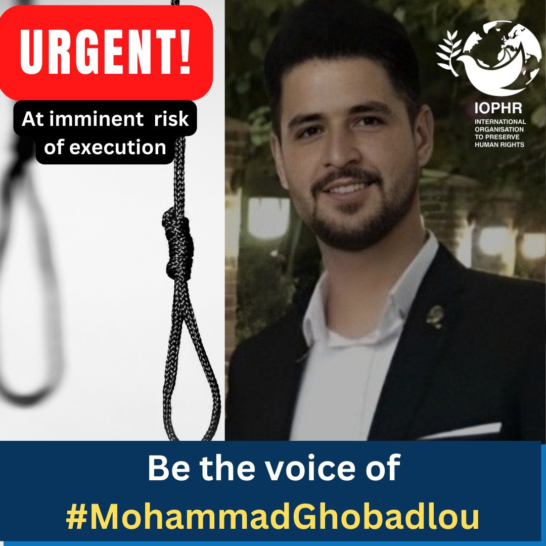 IOPHRpress's tweet photo. Urgent! 🔴
It is reported that the execution of #MohammadGhobadlou, 23, is planned to be carried out tomorrow by the Islamic Republic. He is at imminent risk of execution and his life is in grave danger. The international community must raise their voice for Mr Ghobadlou whose only crime was taking part in the peaceful #MahsaAmini protests in 2022. Be his voice.  
#محمد_قبادلو
#WomanLifeFreedom #StopExeutionsInIran #IRGCterrorists