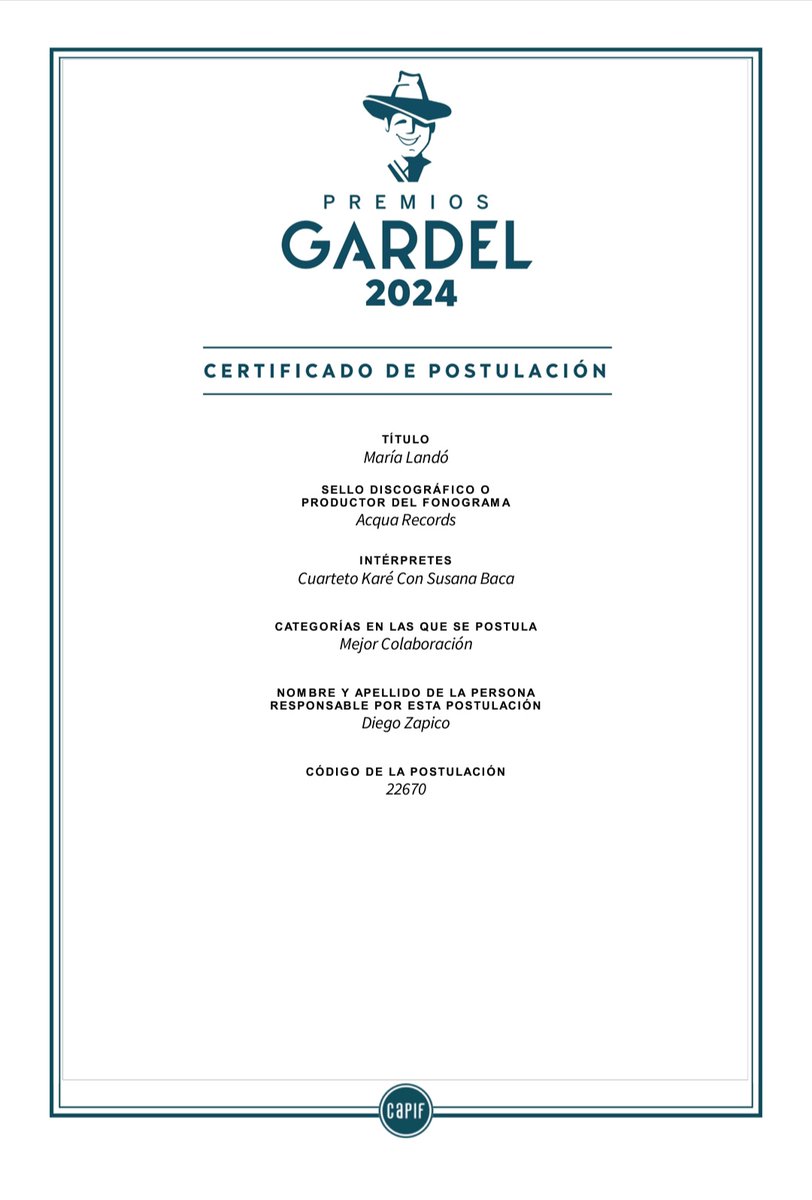 cer_juli's tweet photo. Les compartimos nuestras postulaciones a @premiosgardel 

Agradecemos a @diegozapico1968 y @acqua.rec por hacerlo posible y a @susana_baca_oficial y @lula_bertoldi por acompañarnos en ésta nueva postulación, que honor compartirlo con ustedes!!!!

@cuarteto_kareoficial https://t.co/2m5bDjOflx