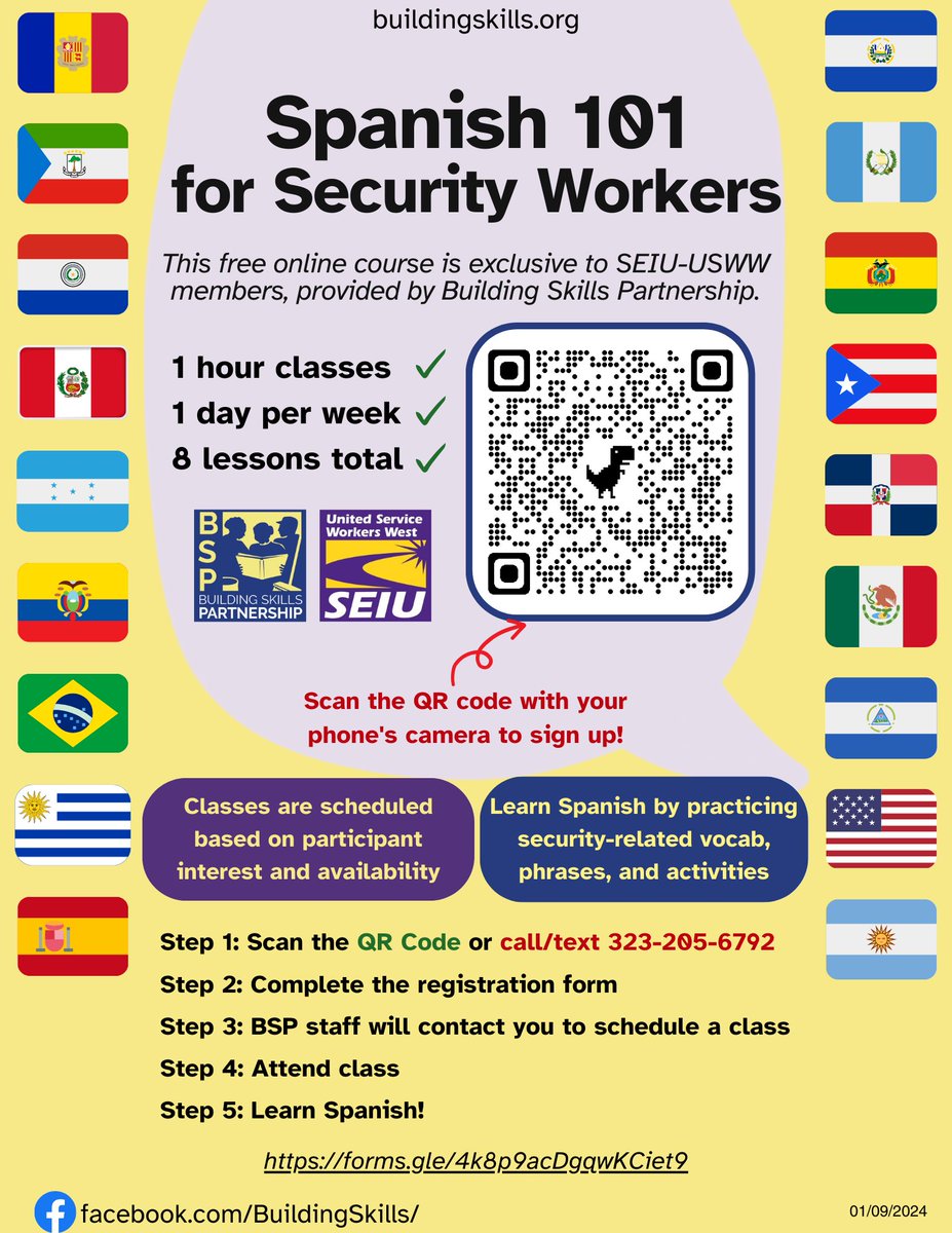 This is a great opportunity for #SecurityWorkers. Learn Spanish for FREE! It's a great way to learn diverse language skills. These free online classes are available to @seiuusww members. Call or text 323-205-6792 for more details!