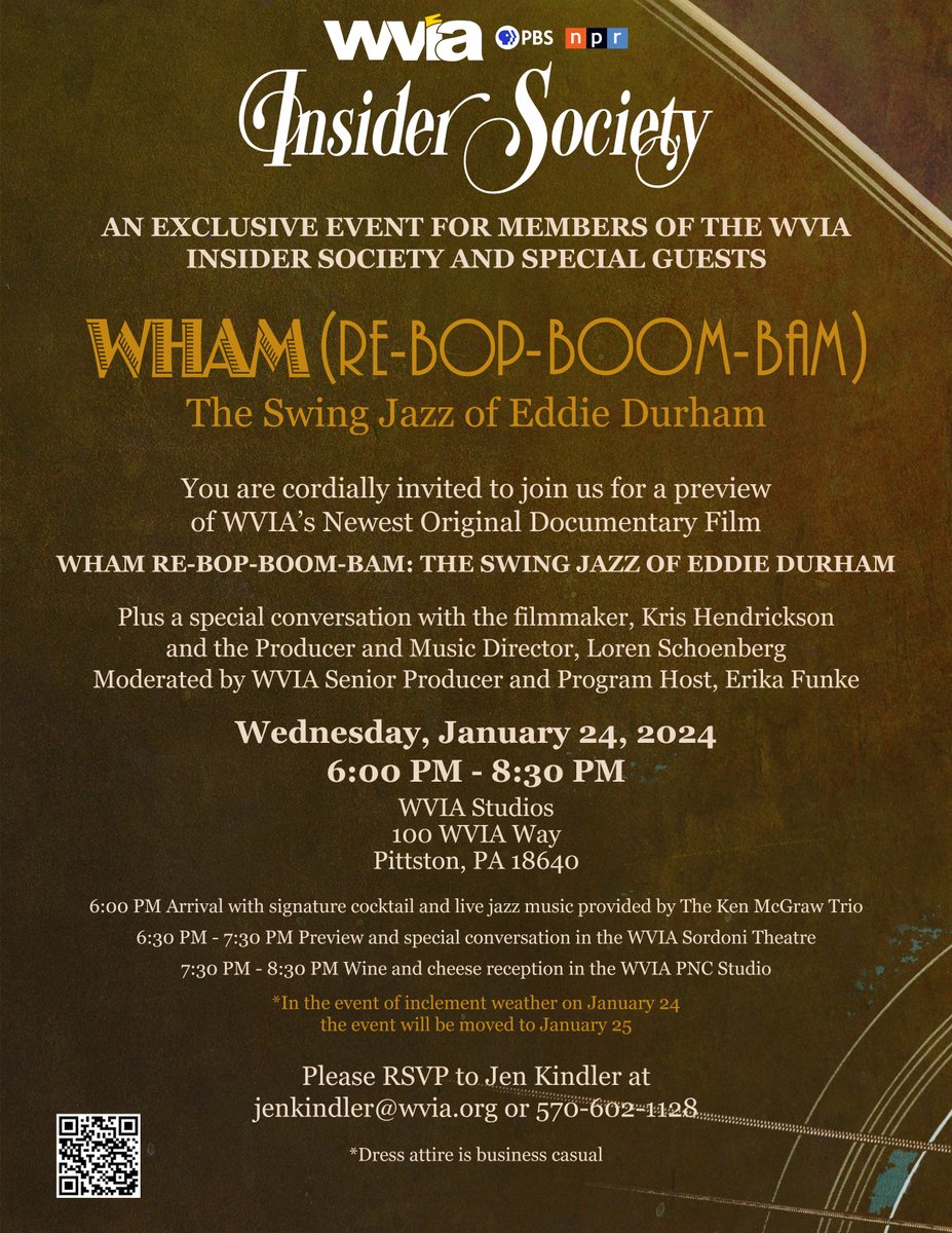 George Graham (@georgegwvia) on Twitter photo WVIA's jazz listeners are invited to special preview and reception for forthcoming documentary on Eddie Durham, influential but little-known jazz figure. 6 PM Wed. 1/24. Must RSVP to
jenkindler@wvia.org or 570-602-1128
See graphic. WVIA's jazz listeners are invited to special preview and reception for forthcoming documentary on Eddie Durham, influential but little-known jazz figure. 6 PM Wed. 1/24. Must RSVP to
jenkindler@wvia.org or 570-602-1128
See graphic.
