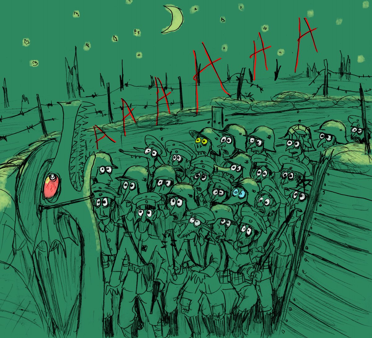 1918. In the middle of the night, a German trench raid sneaks into the U.S lines.  They are then confronted by Corporal Tristan, who is passing  kidney stones. (needless to say, the Germans quickly retreated back to their lines and chose to forget the whole thing.)