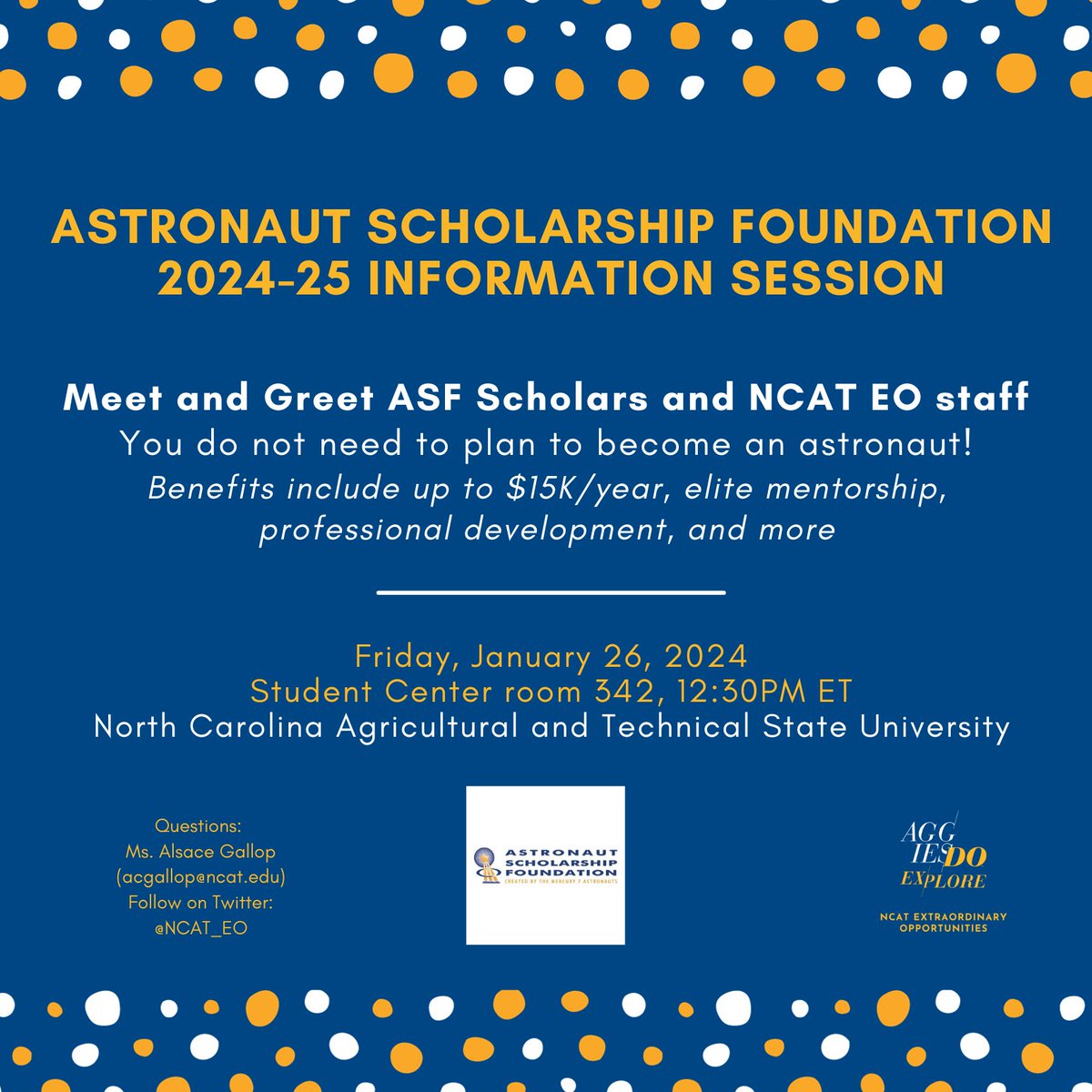 All #NCAT #STEM undergrads who will be enrolled full-time in 2024-25: 

Attend an info session Fri., Jan. 26, 12:30PM in SC 342.

Learn more about the financial and professional benefits of being selected for the #AstronautScholarship and the required campus application process!