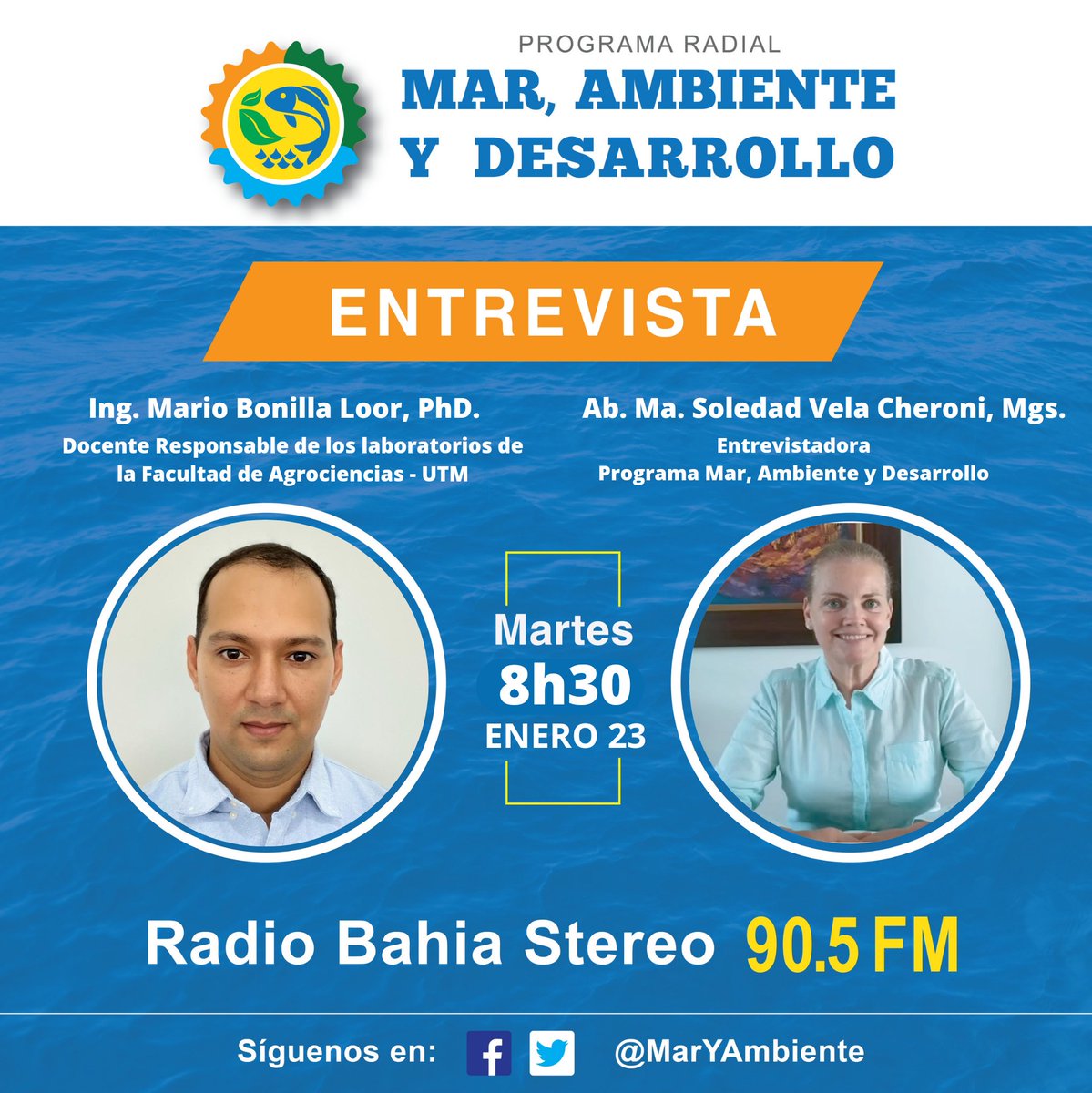 MarYAmbiente's tweet photo. #Entrevista | Mañana en nuestro programa nos visitará el Ingeniero Mario Bonilla Loor, PhD. El es docente responsable de los Laboratorios de Agrociencias en la @UTMManabi.

Escúchanos por Radio Bahía Stereo 90.5 FM  por Facebook LIVE. https://t.co/0A6kkP4yQy