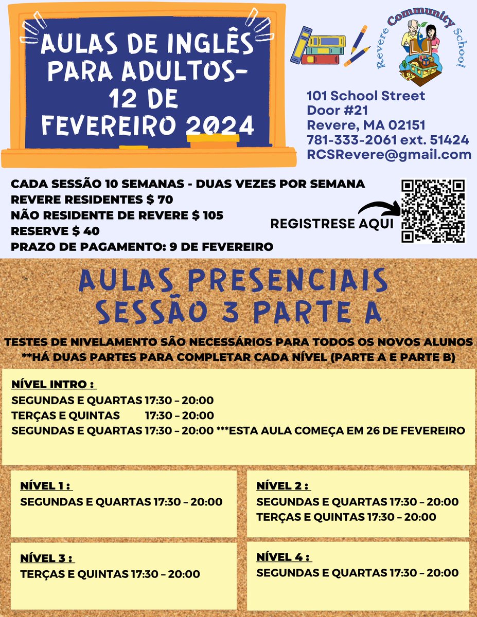 CarolBeachmont's tweet photo. 🐝Dear Beachmont Families:🐝
Revere Community School is offering in-person adult English classes starting February 12.  If you are interested in registering, you can scan the QR code.
For more information, please see the attached flyers. https://t.co/XPfUB6dK5s