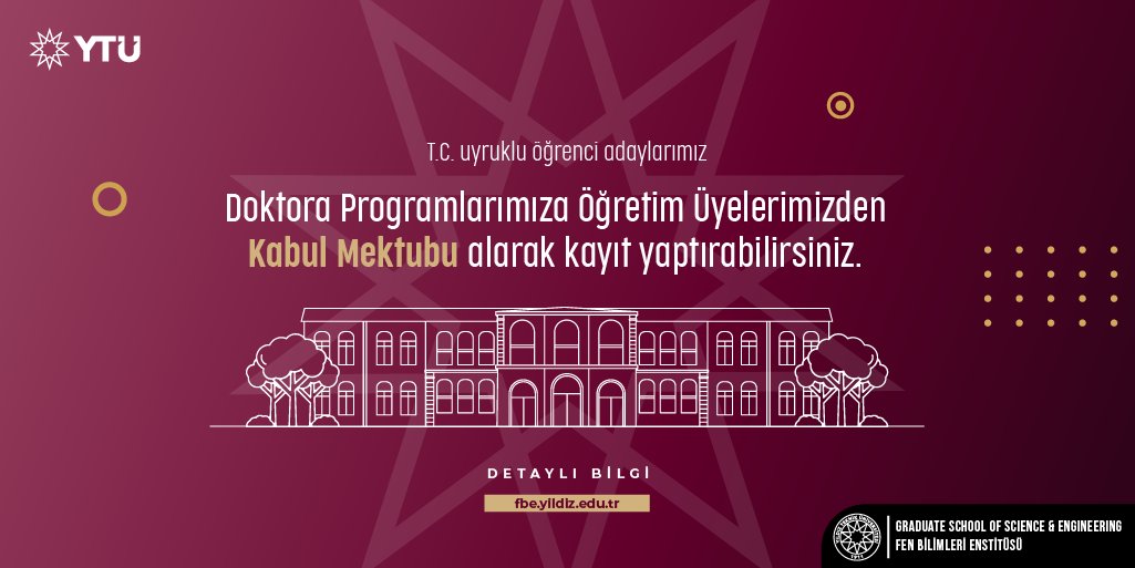 📢Doktora Öğrenci Adaylarımızın Dikkatine !

Programın minumum koşullarını sağladığınız takdirde Kabul Mektubu ile kayıt yaptırabilirsiniz.

Son Başvuru Tarihi:🗓️05 Şubat 2024 🕒15.00

Detaylar: fbe.yildiz.edu.tr

#InternationalYTU
#EğitimdeLiderYTÜ
#ARGEdeLiderYTÜ