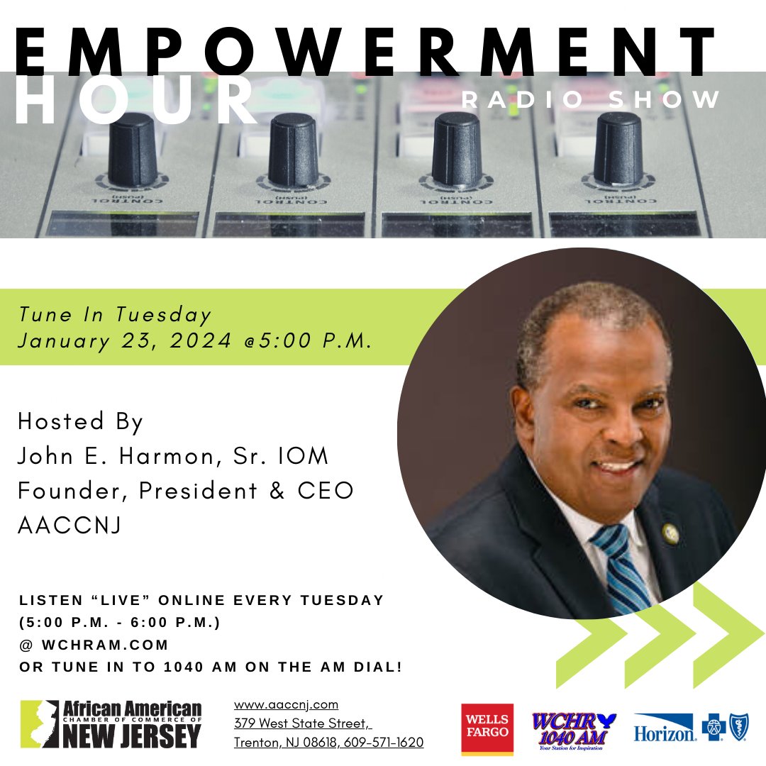 AACCNJ's tweet image. 🎙️ Join us tomorrow, Jan 23, 2024, for AACCNJ's Empowerment Hour Radio Show at 5 PM! 📻 Tune in live at WCHRAM.com or 1040 AM.

🎙️ Hosted by John E. Harmon, view images to see this weeks esteemed guests.

#EmpowermentHour #AACCNJ #RadioShow #TomorrowAt5