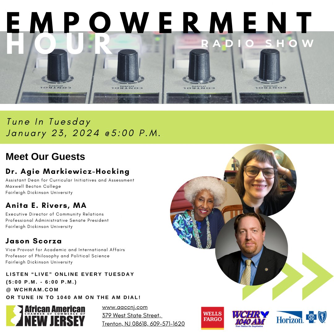 AACCNJ's tweet image. 🎙️ Join us tomorrow, Jan 23, 2024, for AACCNJ's Empowerment Hour Radio Show at 5 PM! 📻 Tune in live at WCHRAM.com or 1040 AM.

🎙️ Hosted by John E. Harmon, view images to see this weeks esteemed guests.

#EmpowermentHour #AACCNJ #RadioShow #TomorrowAt5