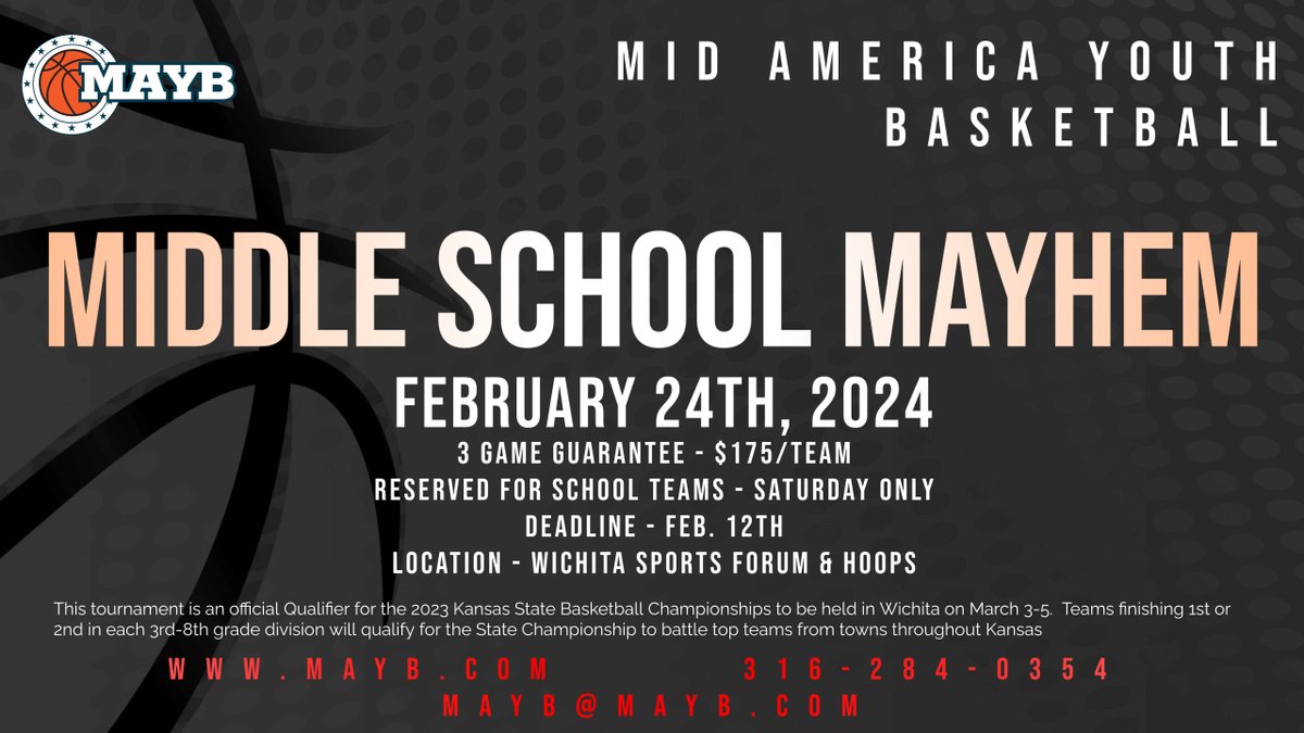 🏀Middle School Mayhem registration is open for school teams only. 🎓Multiple skill levels in all divisions! Don't miss the last chance for KS MS school teams to play together this school year. Call us at 316-284-0354 or register online at mayb.com.