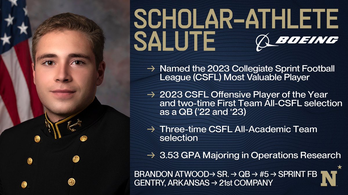 January's <a href="/Boeing/">The Boeing Company</a> Scholar-Athlete Salute is <a href="/NavySprintFB/">Navy Sprint Football</a> senior QB Brandon Atwood.

Atwood was named both the 2023 CSFL MVP and Offensive Player of the Year. Atwood is also a 2x First Team All-CSFL and 3x CSFL All-Academic Team selection helping Navy win 3 straight CSFL titles!