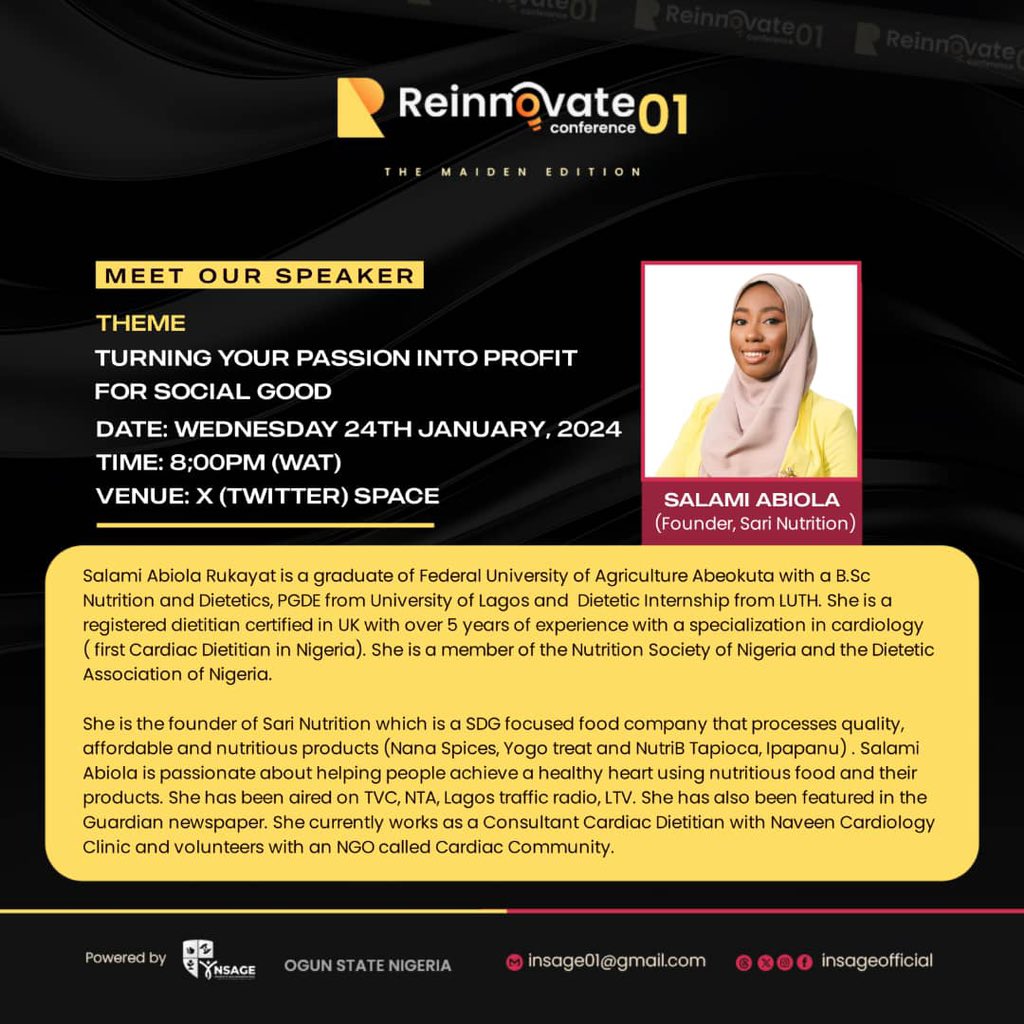 insageofficial's tweet photo. *SALAMI ABIOLA,CEO Sari Nutrition* will be speaking at the twitter space,taking us through a wide journey in Nutrition and concerned sectors..

*Prepare to Join*!

_Don’t Miss Out_ 🫡❤️ https://t.co/IsdtwciQKK