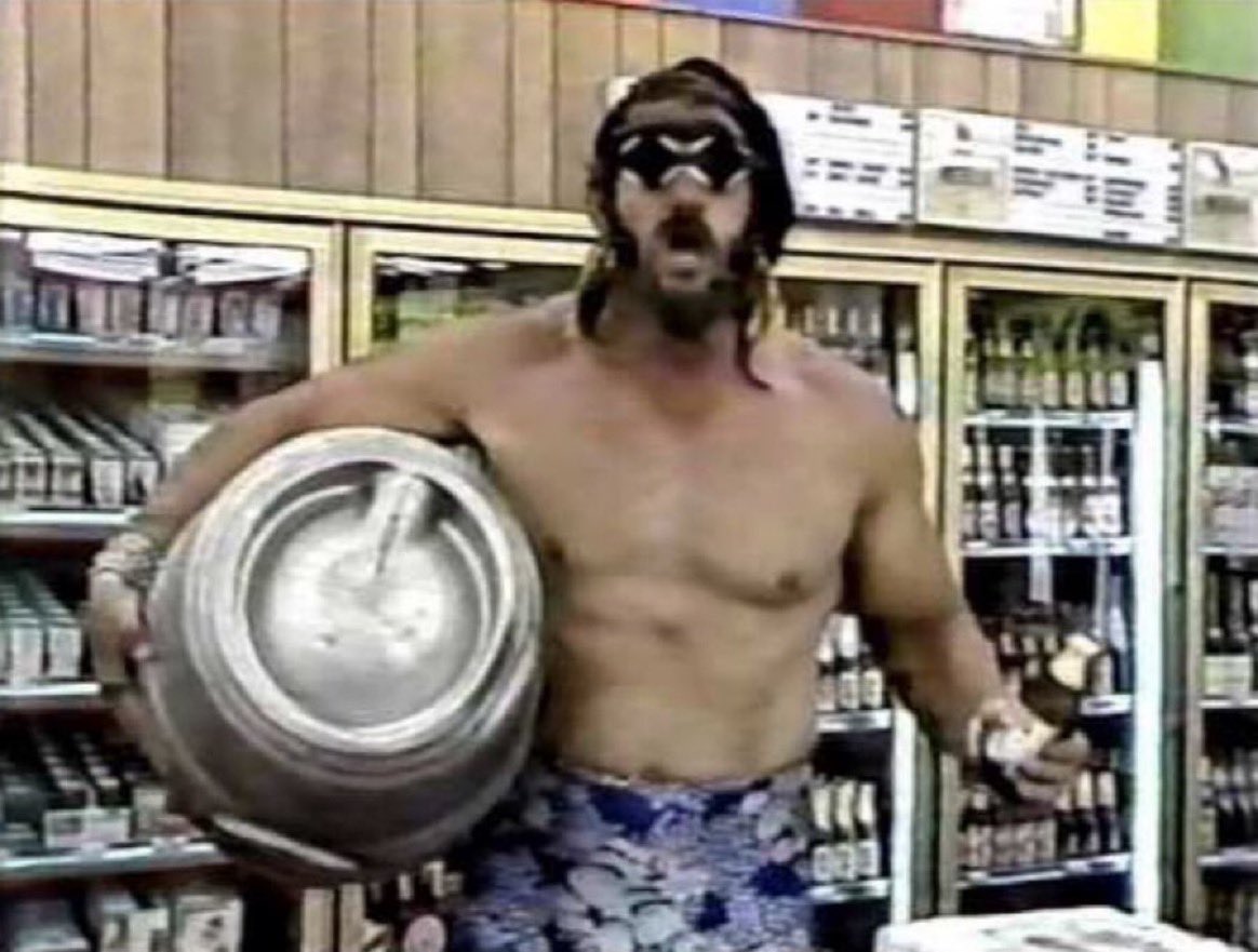 Super70sSports's tweet photo. You’ve gotta love it when Jesse “The Body” Ventura shows up at the liquor store and leaves with a keg. Or maybe he arrived with it. Hell, I don't know. https://t.co/WybuEwB9bU