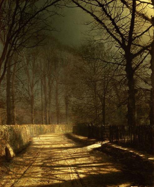 A Victorian nightscape for your evening: ‘A Moonlit Lane with Two Lovers by a Gate’ by John A. Grimshaw (1836-93)
