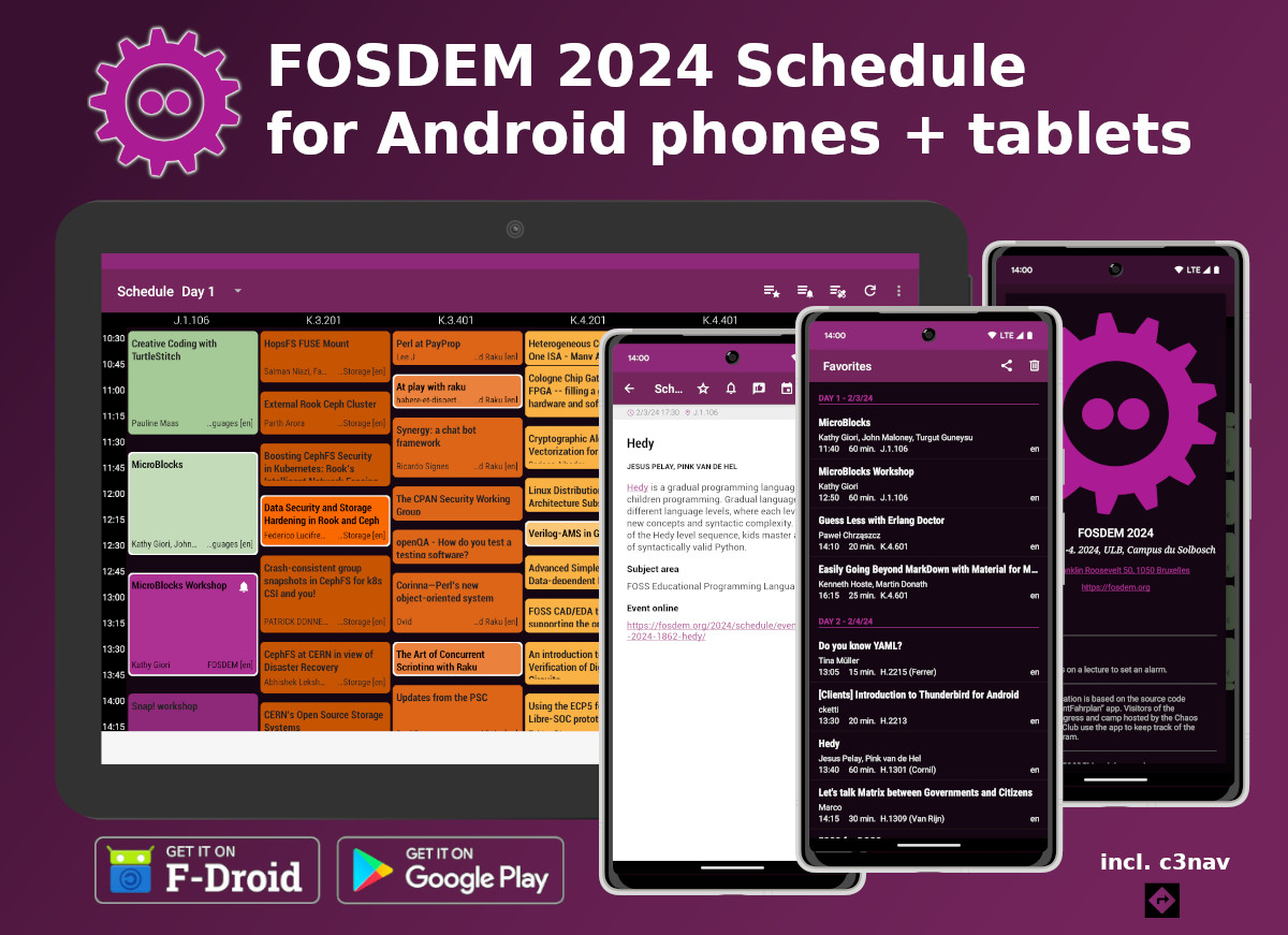 ⚙️ FOSDEM 2024 fosdem.org ⚙️ is approaching Grab the #FOSDEM2024 Schedule app here: 🛒play.google.com/store/apps/det… 🛒 f-droid.org/packages/info.… (available soon) Enjoy & please give feedback 💬👍 @fosdem @fosdempgday @ruby_fosdem @LibreOffice @fosdembsd #fahrplan