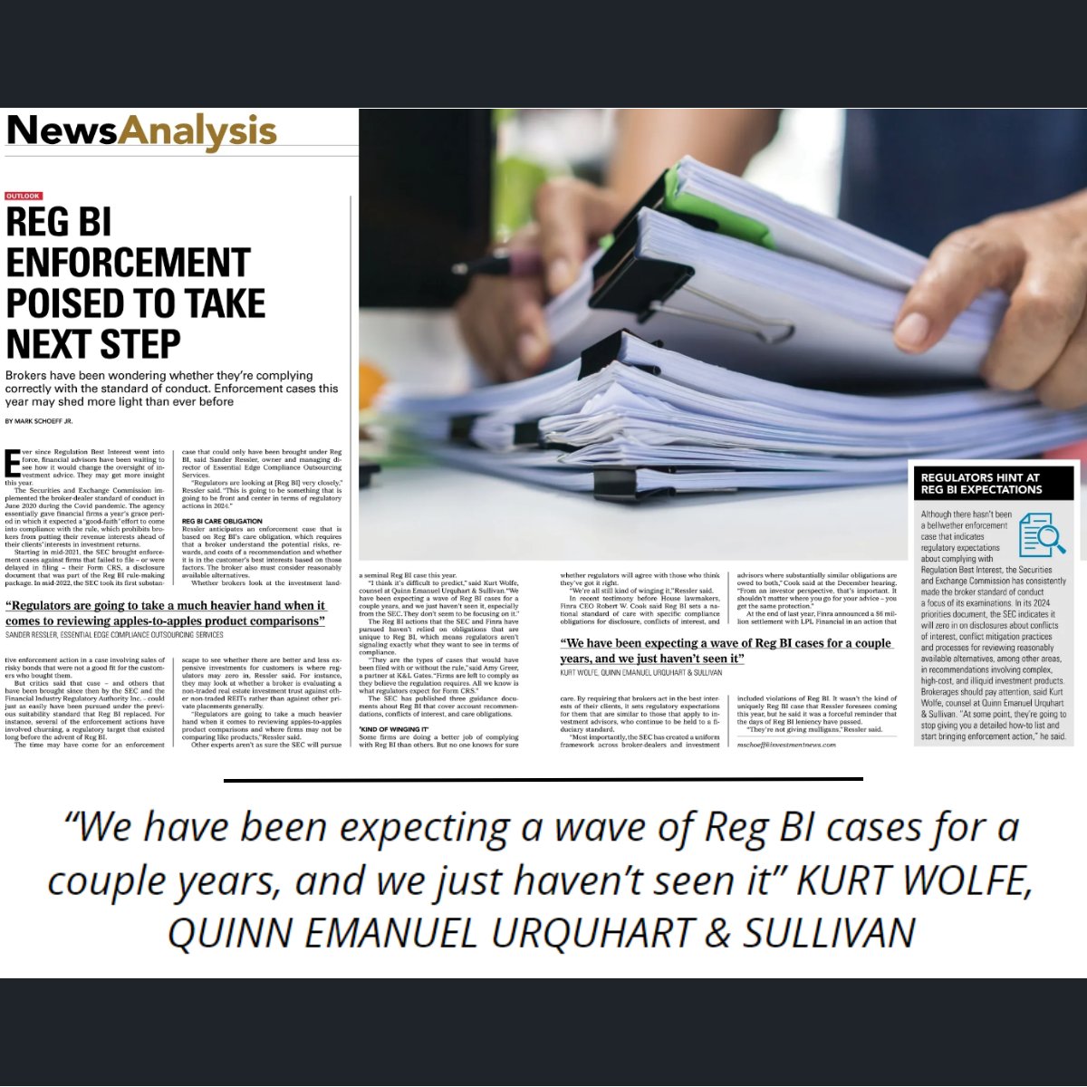 Enforce_Update's tweet photo. "At some point, they're going to stop giving you a detailed how-to list and start bringing enforcement actions."

Is #RegBI enforcement (finally) coming?

@MarkSchoeff tackles that question in his piece for the Jan. '24 print edition of @investmentnews👉https://t.co/hGamnH5zYf https://t.co/u722fguMQH