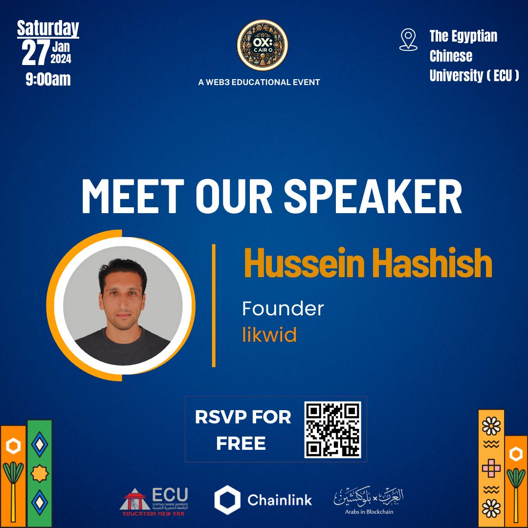 ArabsInBC's tweet photo. Excited to welcome Hussein Hashish as a speaker at #0xCairo!
 Hissin is the founder of  likwid, a blockchain powered loyalty mobile app Q1 2024 with 13 years of experince in  supply chain and shipping.

Register Now: https://t.co/BICPAoEufM
#ChainlinkInEgypt https://t.co/gBDecjfZuS