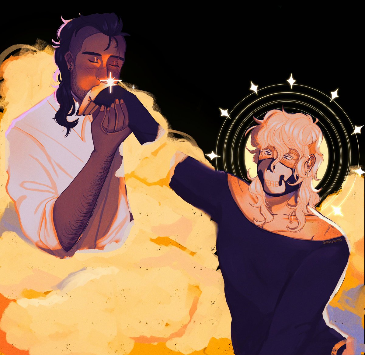 Playing the moon will sing in the
background-🌟🌙
CONGRATS @thewallsateme FOR
8.9K!!! I had so much fun drawing these two for your dtiys especially ghost l'm feral for fem ghost. I literally have been so excited to finish this ♡ 
#ghostsoap