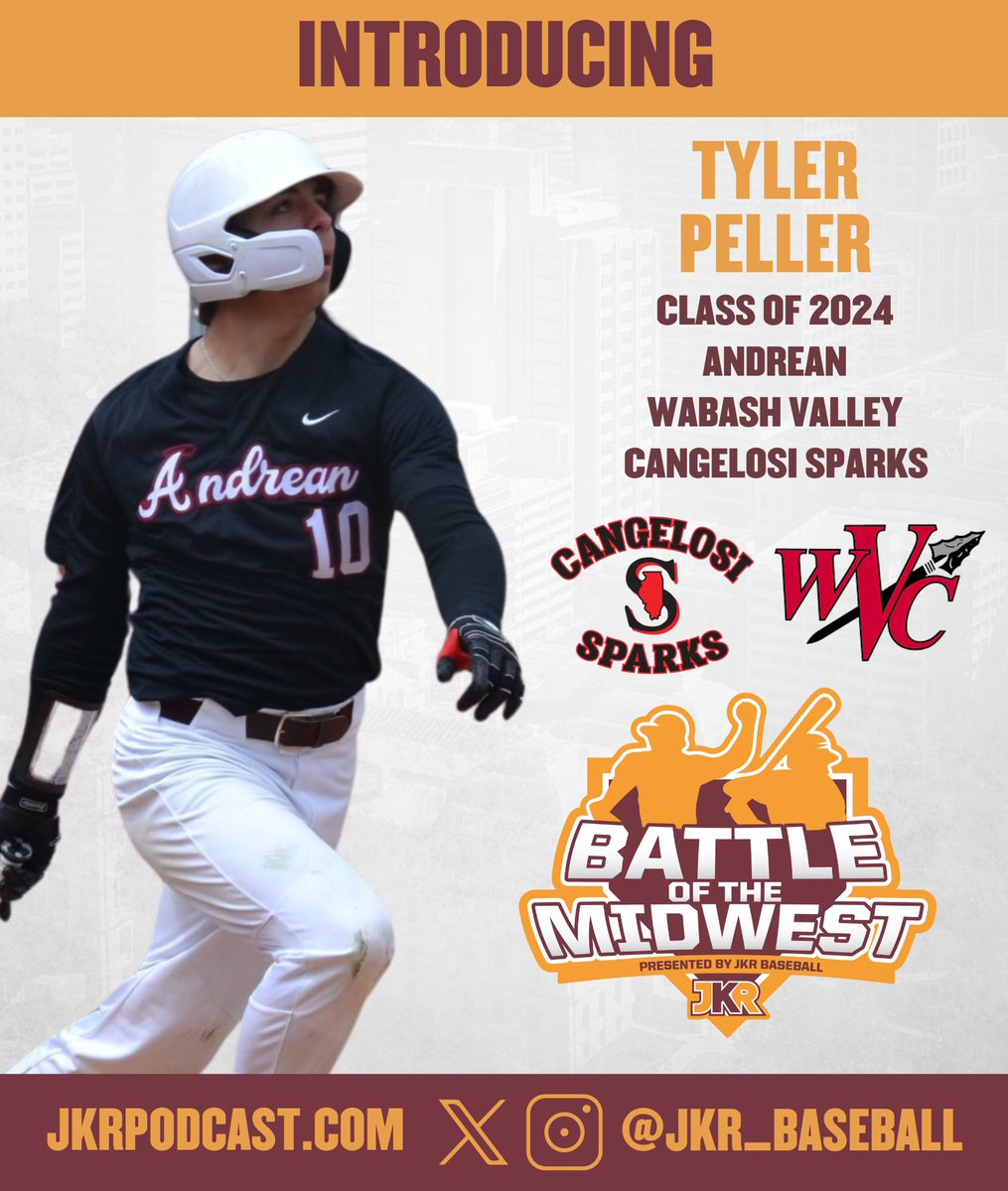 JKR Baseball (@jkr_baseball) on Twitter photo ๐ด๐ EVENT PARTICIPANT๐ ๐ด
Player: Tyler Peller
High School: Andrean
Class: 2024
Commitment: Wabash Valley
Travel Team: Cangelosi Sparks
We are ecstatic to welcome <a href="/TylerPeller/">Tyler Peller</a> to the 2024 Battle of the Midwest! ๐ด๐ EVENT PARTICIPANT๐ ๐ด
Player: Tyler Peller
High School: Andrean
Class: 2024
Commitment: Wabash Valley
Travel Team: Cangelosi Sparks
We are ecstatic to welcome <a href="/TylerPeller/">Tyler Peller</a> to the 2024 Battle of the Midwest!