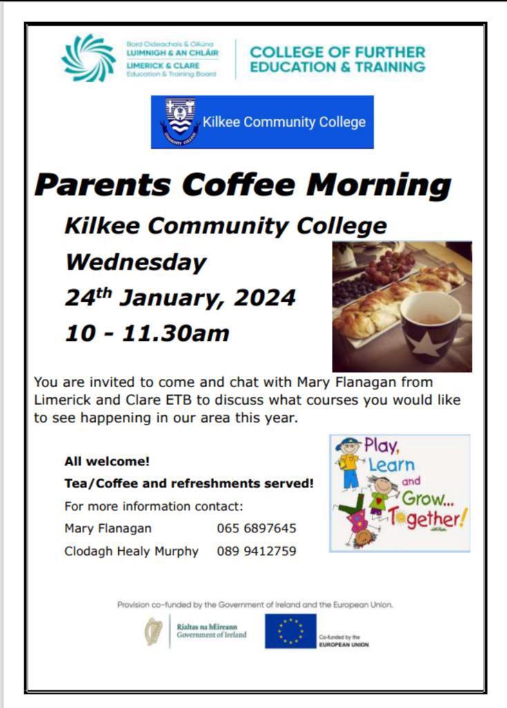 Calling all parents to come and have a tea/coffee this Wednesday morning from 10 - 11.30 and let us know what courses you would like to see being offered this term. Looking forward to seeing you all #lcetb #community #education